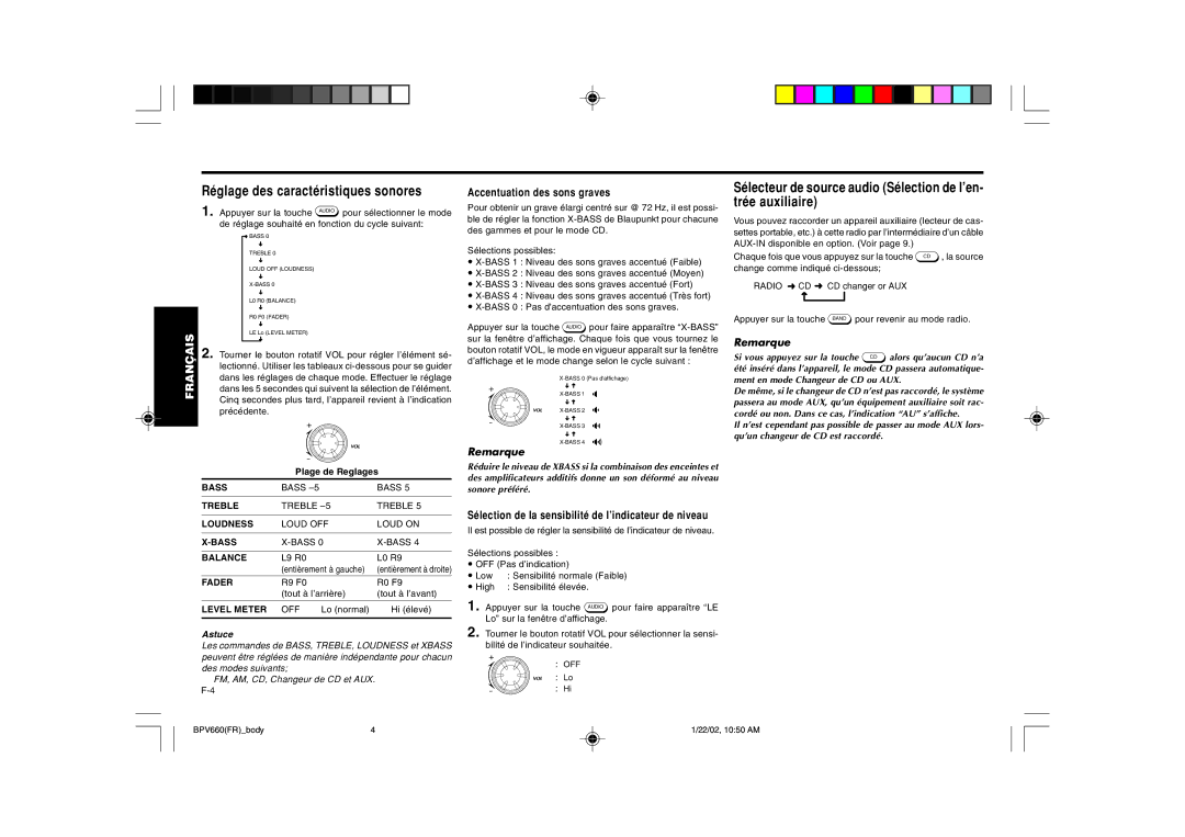 Blaupunkt BPV 660 manual Réglage des caractéristiques sonores, Remarque, Astuce 