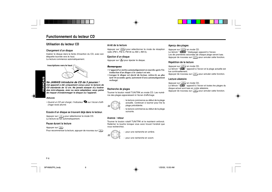 Blaupunkt BPV 660 manual Functionnement du lecteur CD 