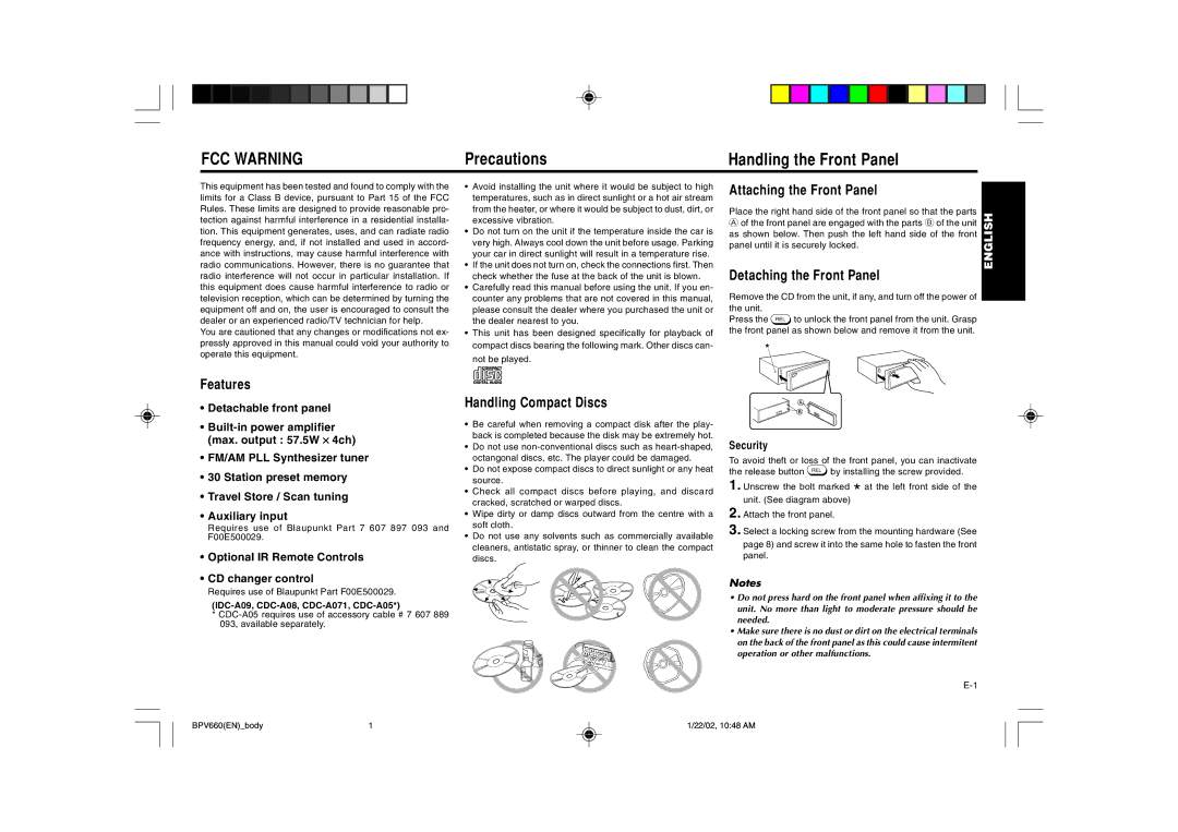 Blaupunkt BPV 660 manual Precautions Handling the Front Panel 