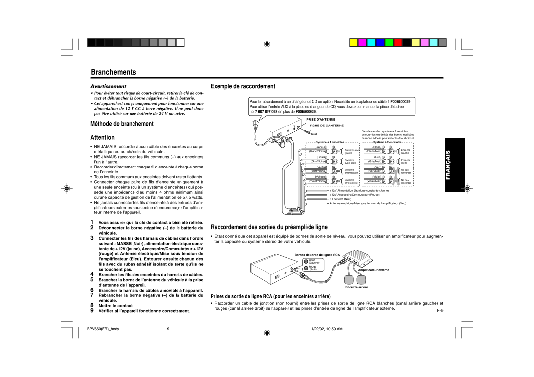 Blaupunkt BPV 660 manual Branchements, Méthode de branchement, Exemple de raccordement 