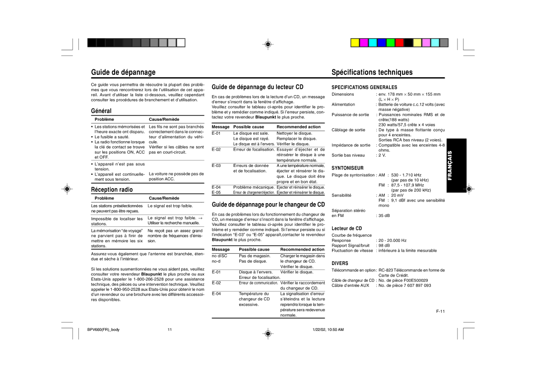 Blaupunkt BPV 660 manual Guide de dépannage Spécifications techniques, Fran 