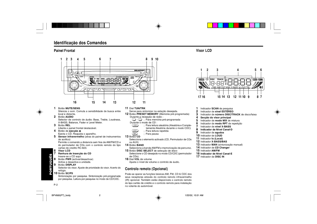 Blaupunkt BPV 660 manual Identificação dos Comandos, Painel Frontal Visor LCD, Português, Controlo remoto Opcional 