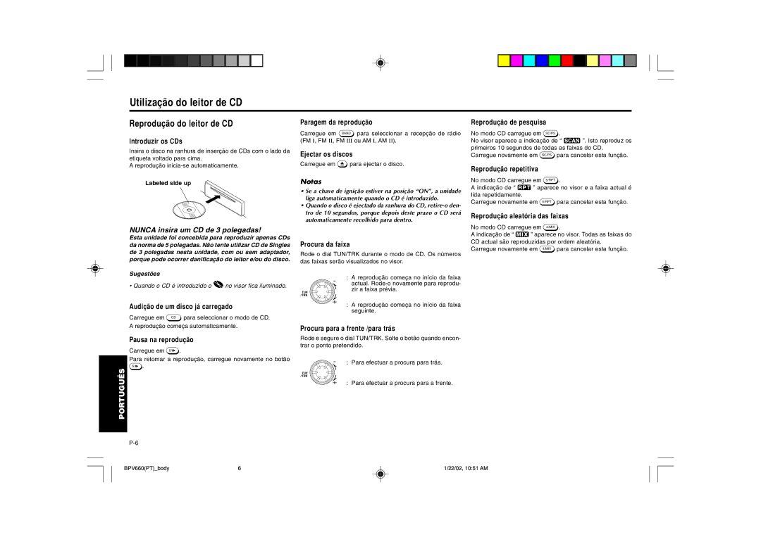 Blaupunkt BPV 660 manual Utilização do leitor de CD, Reprodução do leitor de CD, Sugestões 