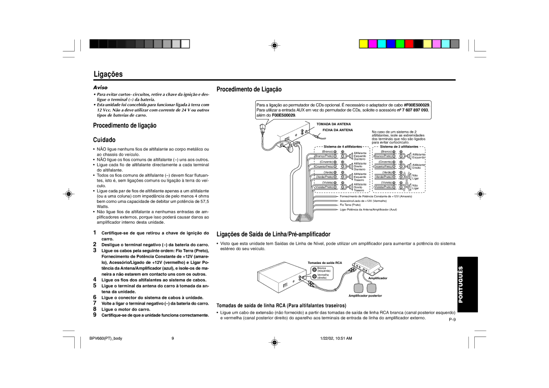 Blaupunkt BPV 660 manual Ligações, Procedimento de ligação Cuidado, Procedimento de Ligação, Aviso 