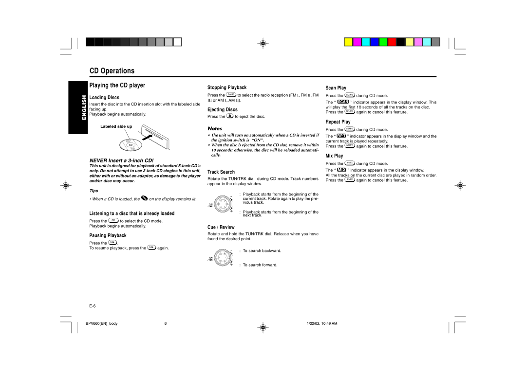 Blaupunkt BPV 660 manual CD Operations, Playing the CD player, Tips 