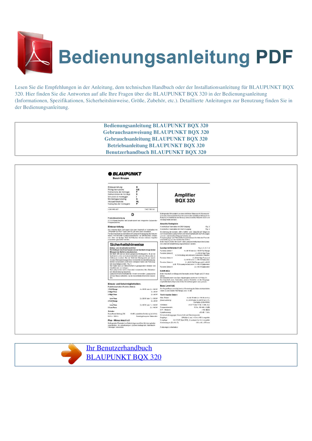Blaupunkt BQX 320 manual Ihr Benutzerhandbuch Blaupunkt BQX 