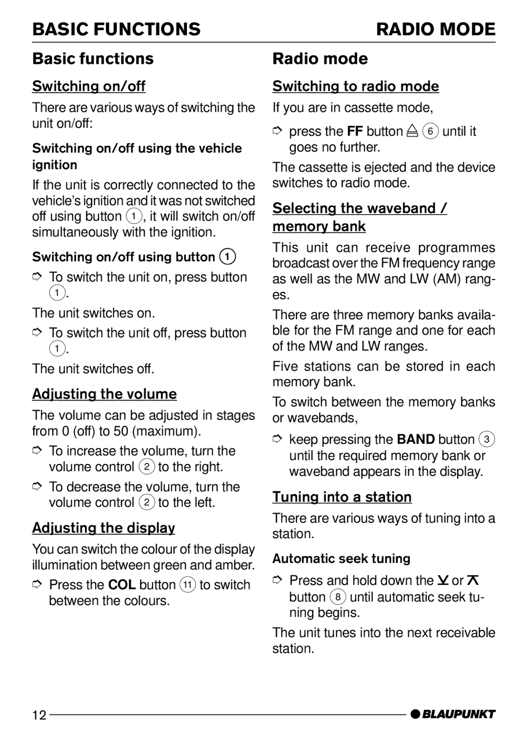 Blaupunkt C12 operating instructions Basic Functions Radio Mode, Basic functions, Radio mode 