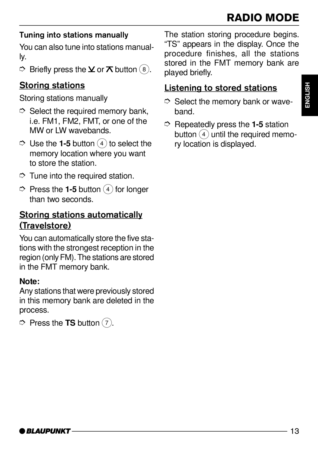 Blaupunkt C12 operating instructions Storing stations automatically Travelstore, Listening to stored stations 