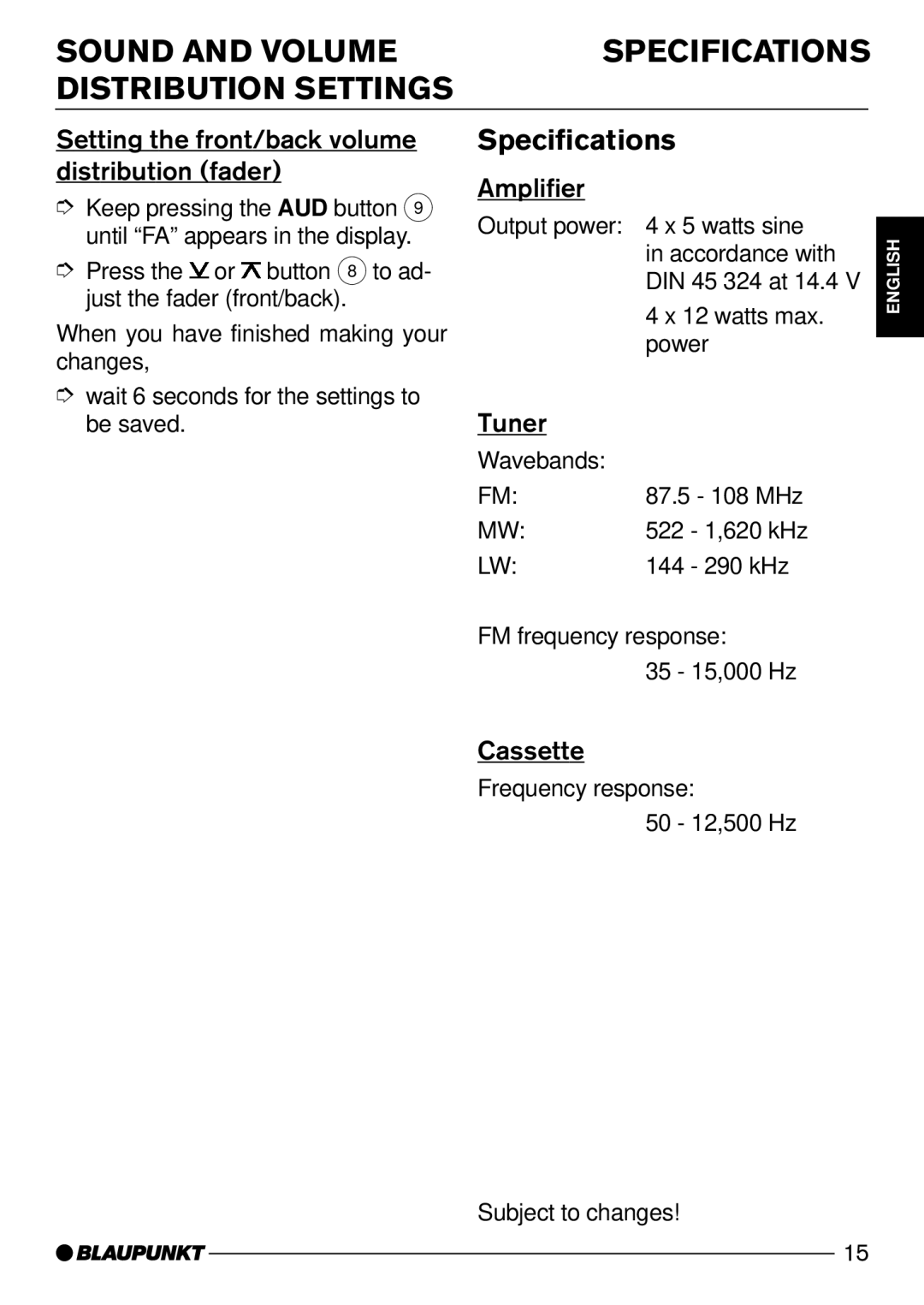 Blaupunkt C12 operating instructions Sound and Volume Specifications Distribution Settings 