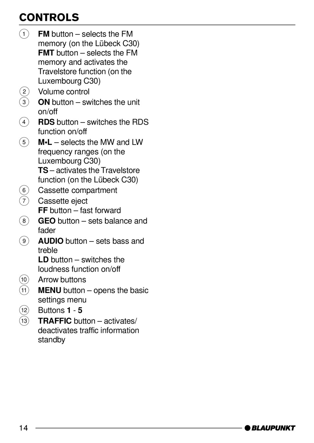 Blaupunkt C30 operating instructions Controls 