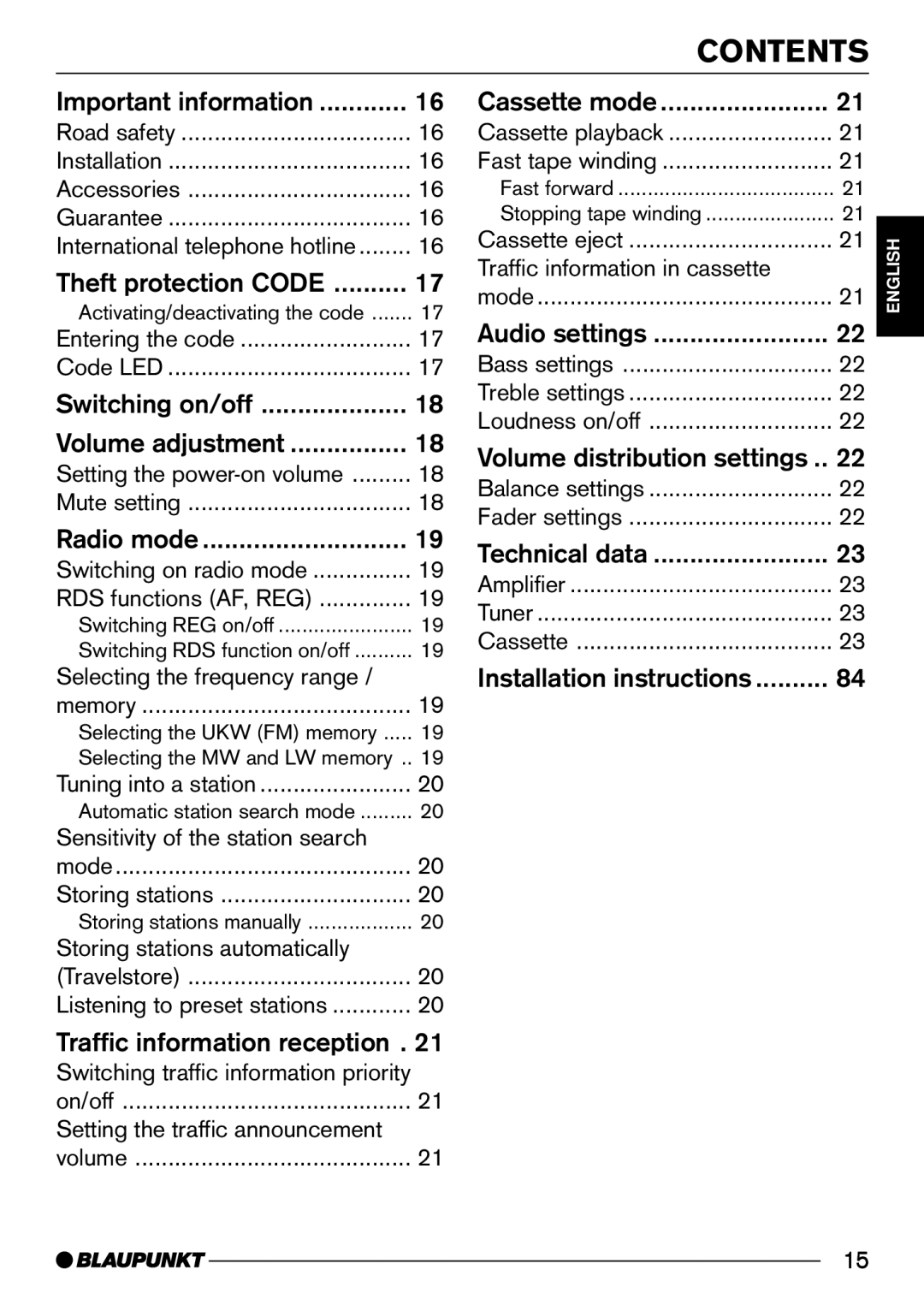 Blaupunkt C30 operating instructions Contents 