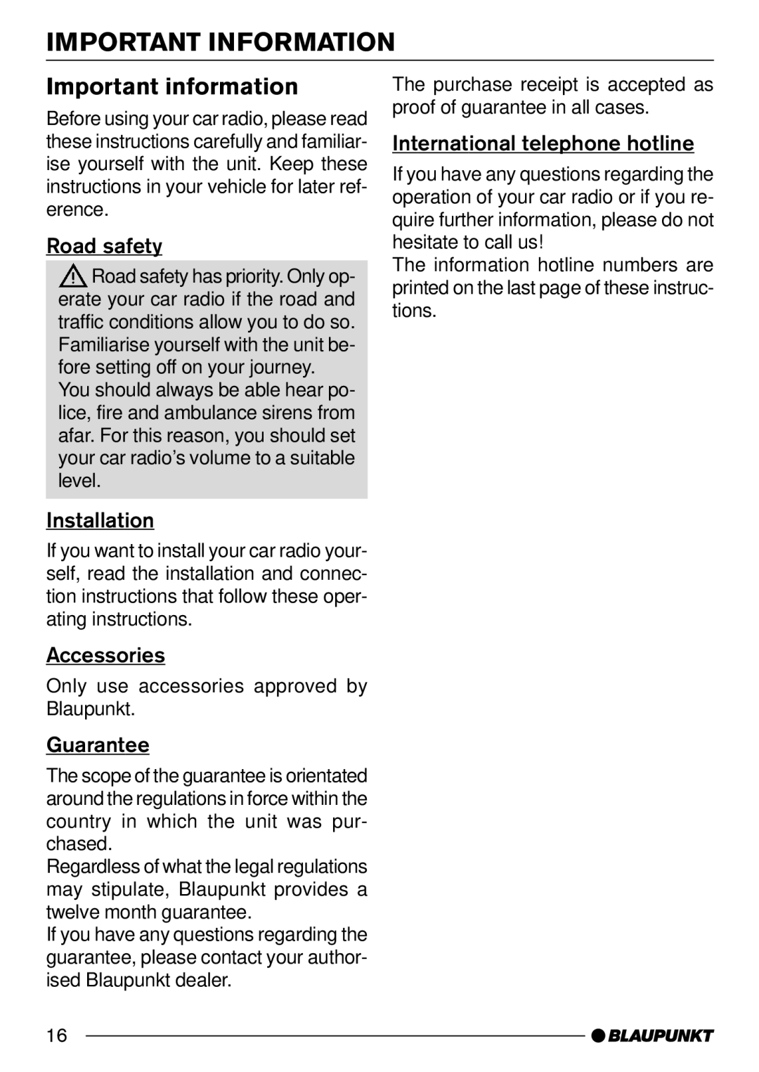 Blaupunkt C30 operating instructions Important Information, Important information 