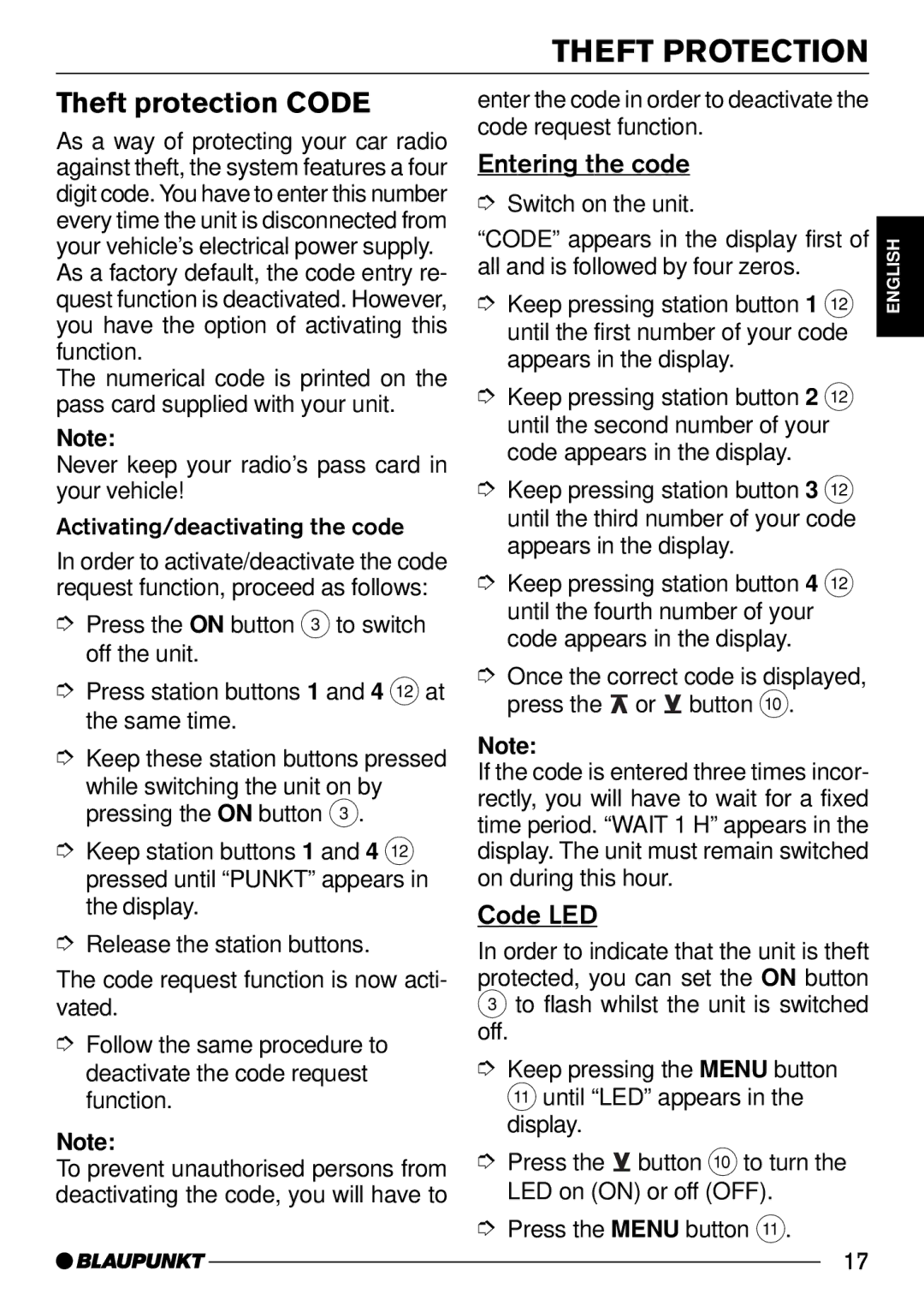 Blaupunkt C30 operating instructions Theft Protection, Theft protection Code, Entering the code, Code LED 