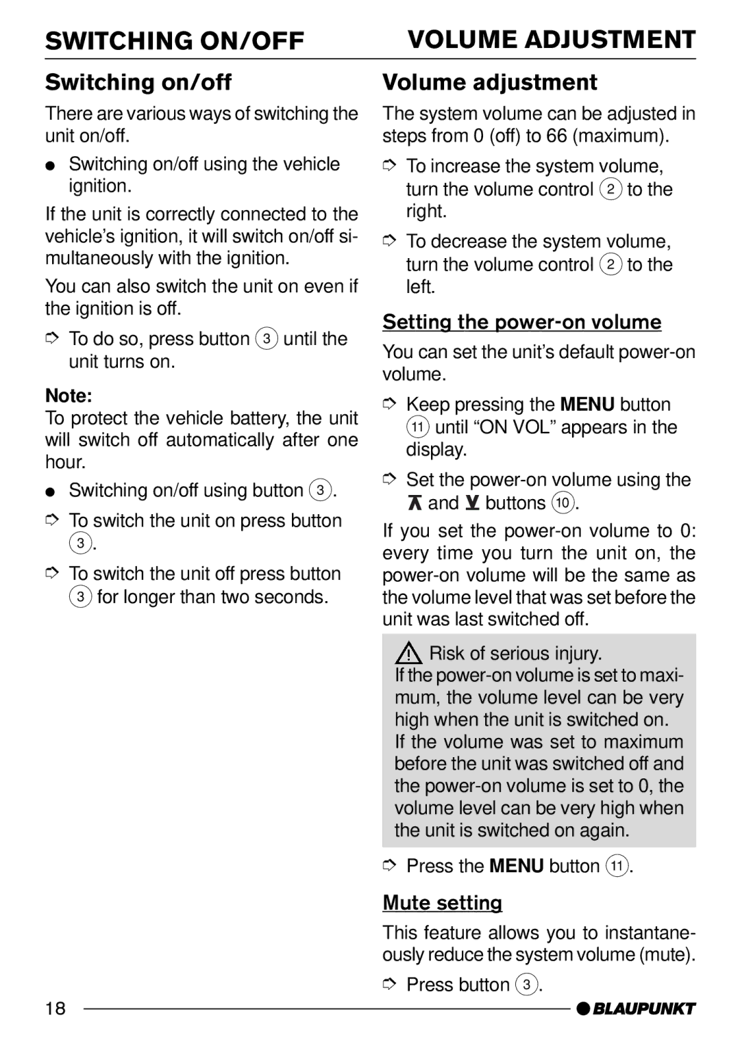 Blaupunkt C30 Switching ON/OFF, Switching on/off, Volume adjustment, Setting the power-on volume, Mute setting 