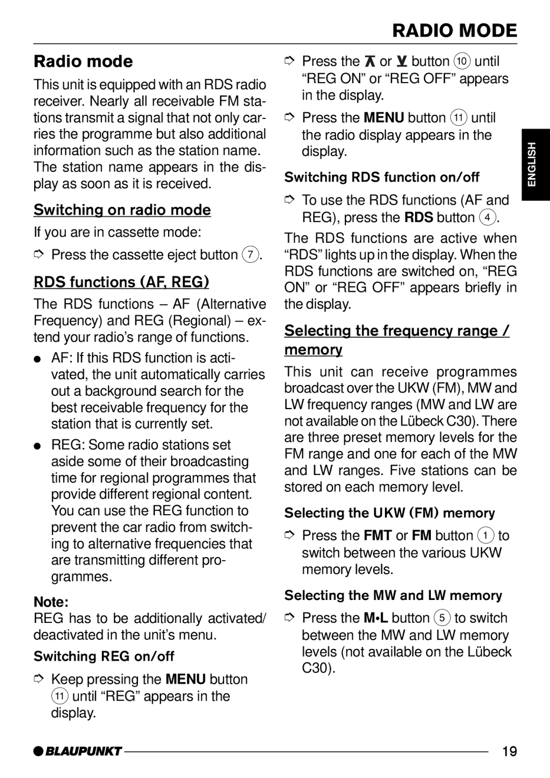 Blaupunkt C30 operating instructions Radio Mode, Radio mode 