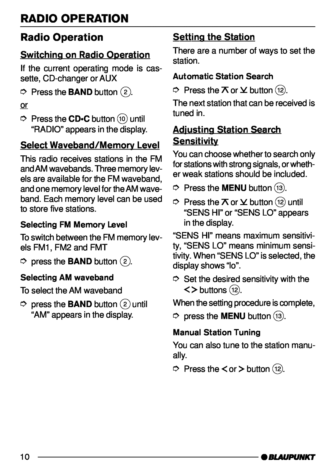 Blaupunkt C31 manual Switching on Radio Operation, Select Waveband/Memory Level, Setting the Station 