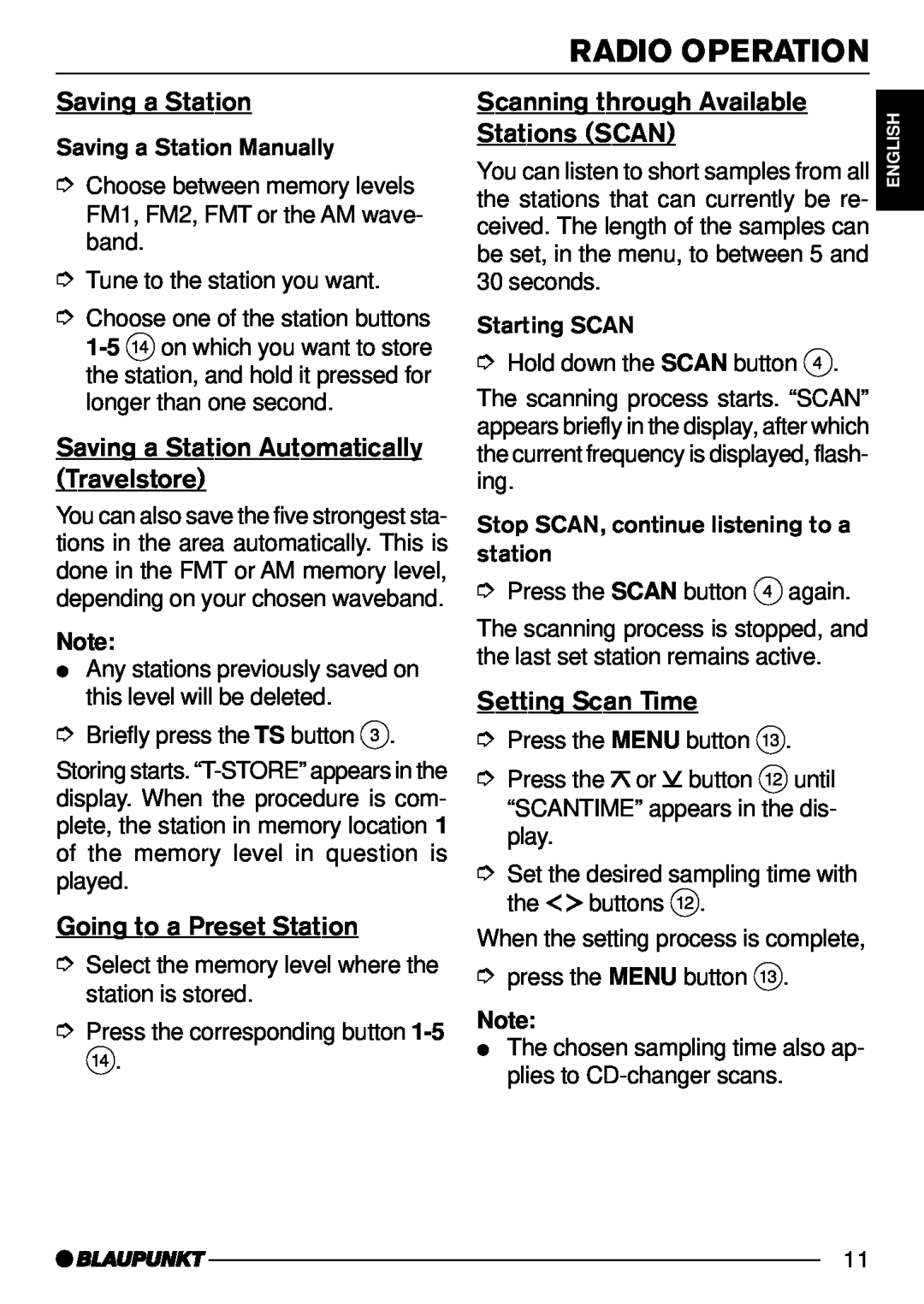 Blaupunkt C31 manual Saving a Station Automatically Travelstore, Going to a Preset Station, Scanning through Available 