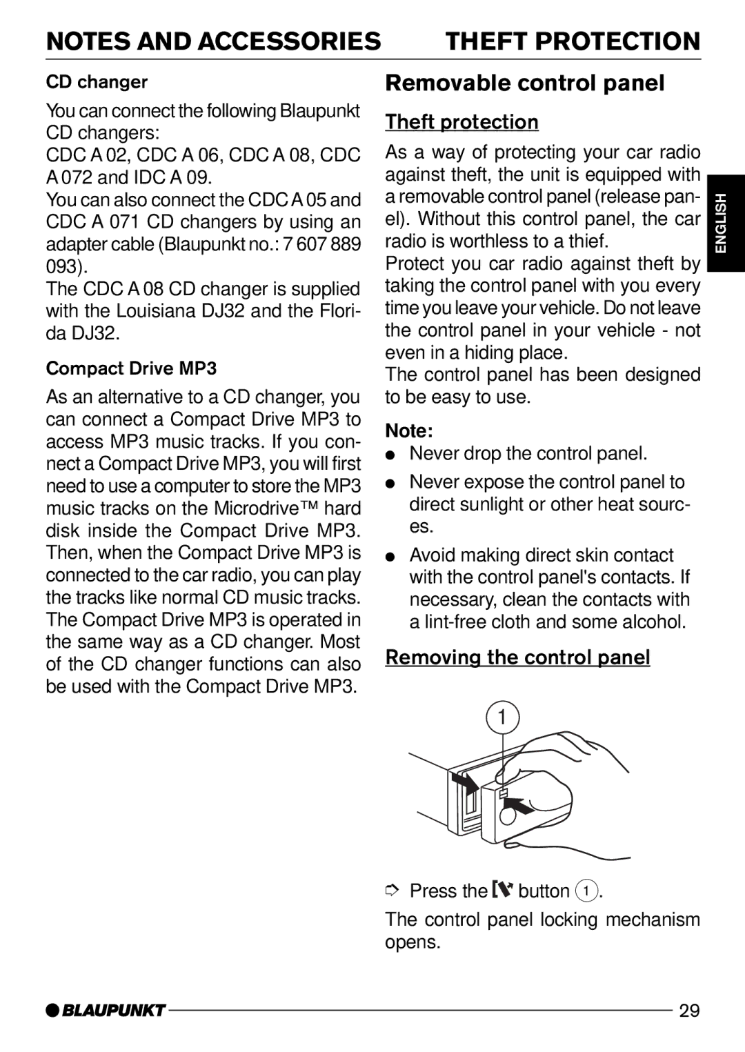 Blaupunkt C32, DJ32 operating instructions Removable control panel, Theft protection, Removing the control panel 