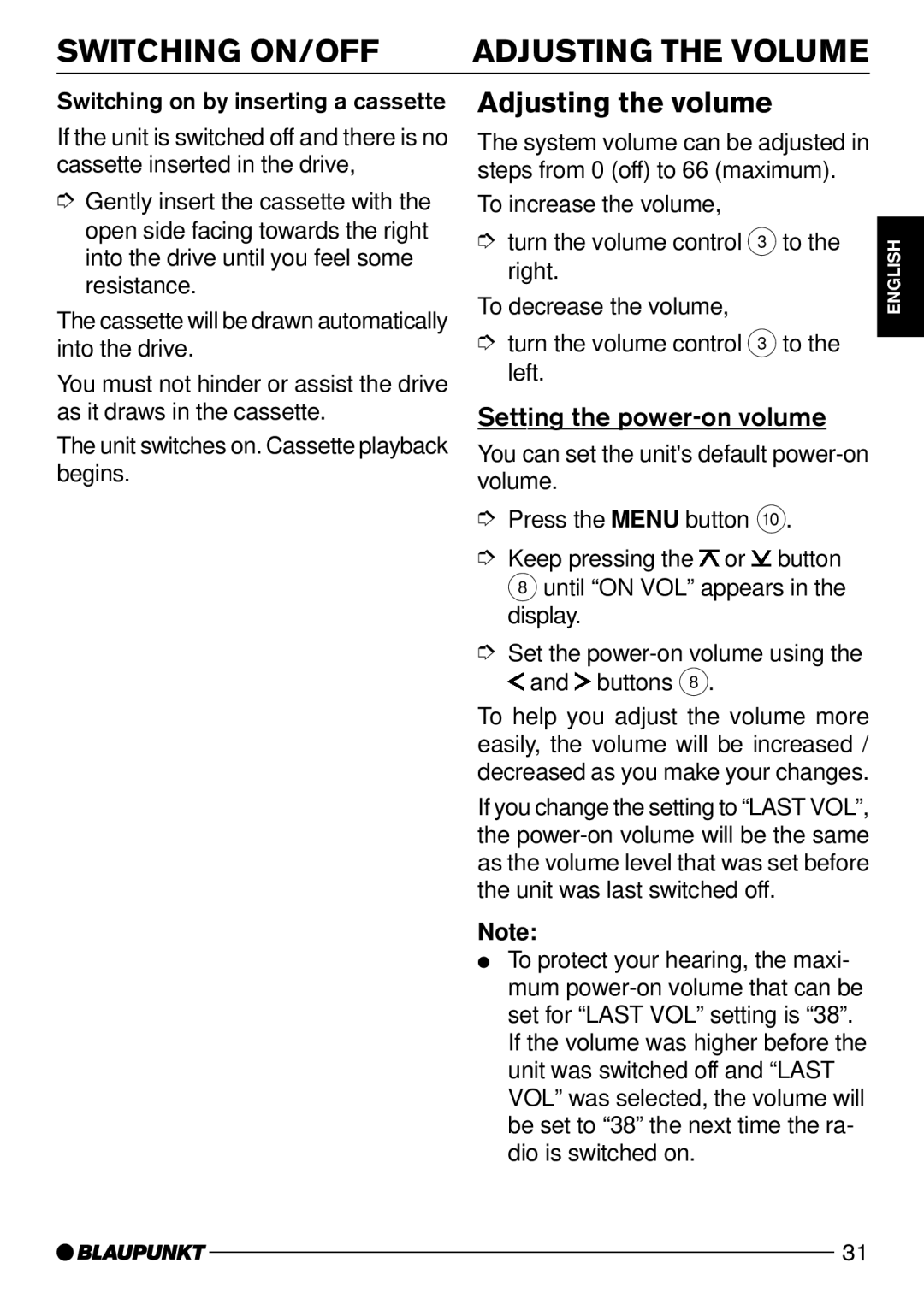 Blaupunkt C32, DJ32 operating instructions Adjusting the volume, Setting the power-on volume 