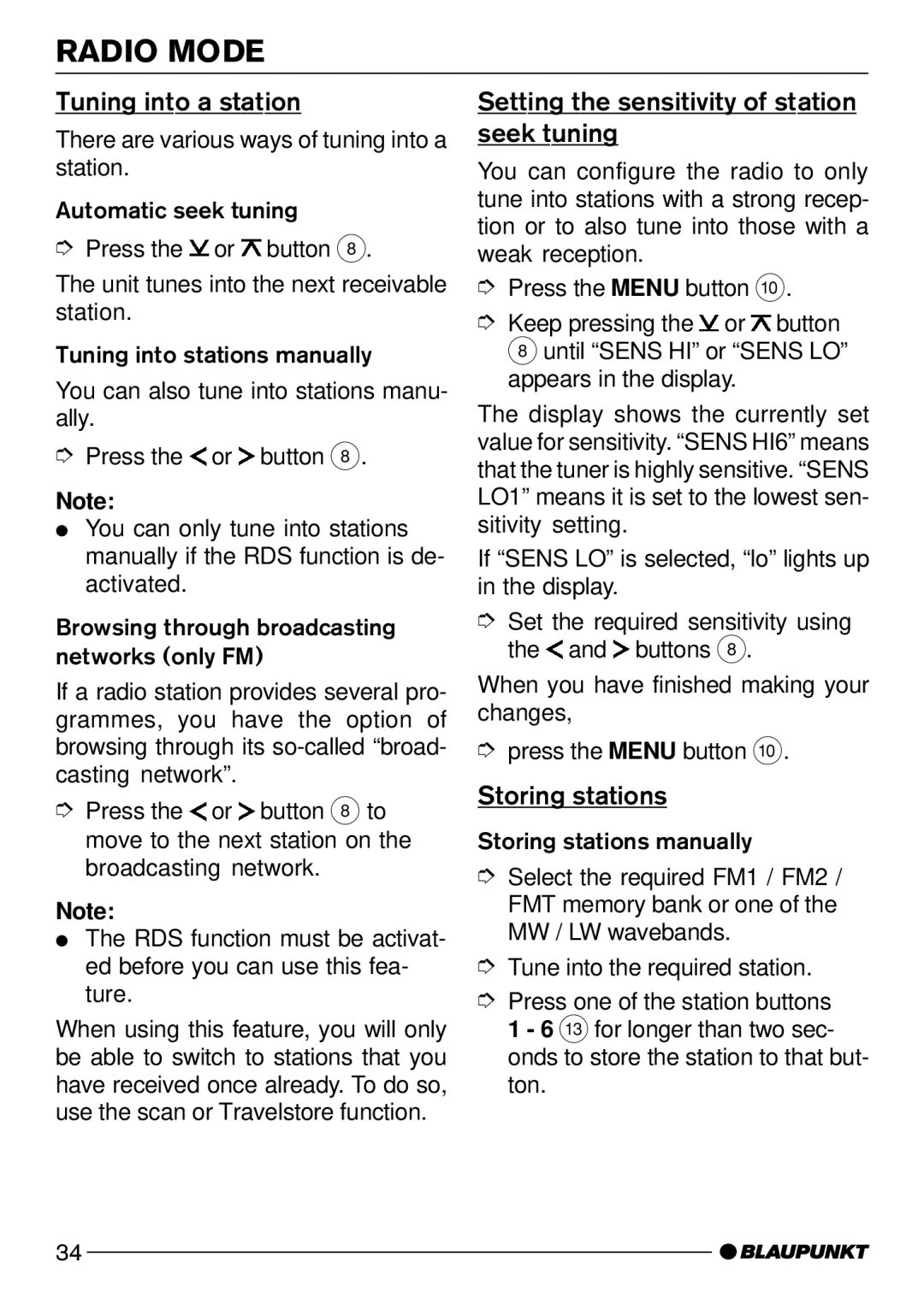 Blaupunkt DJ32, C32 Tuning into a station, Setting the sensitivity of station seek tuning, Storing stations 