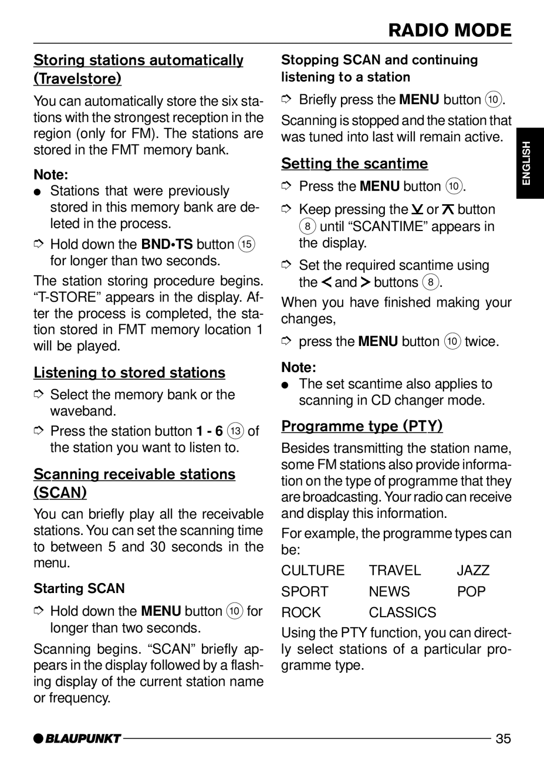 Blaupunkt C32 Storing stations automatically Travelstore, Listening to stored stations, Scanning receivable stations Scan 