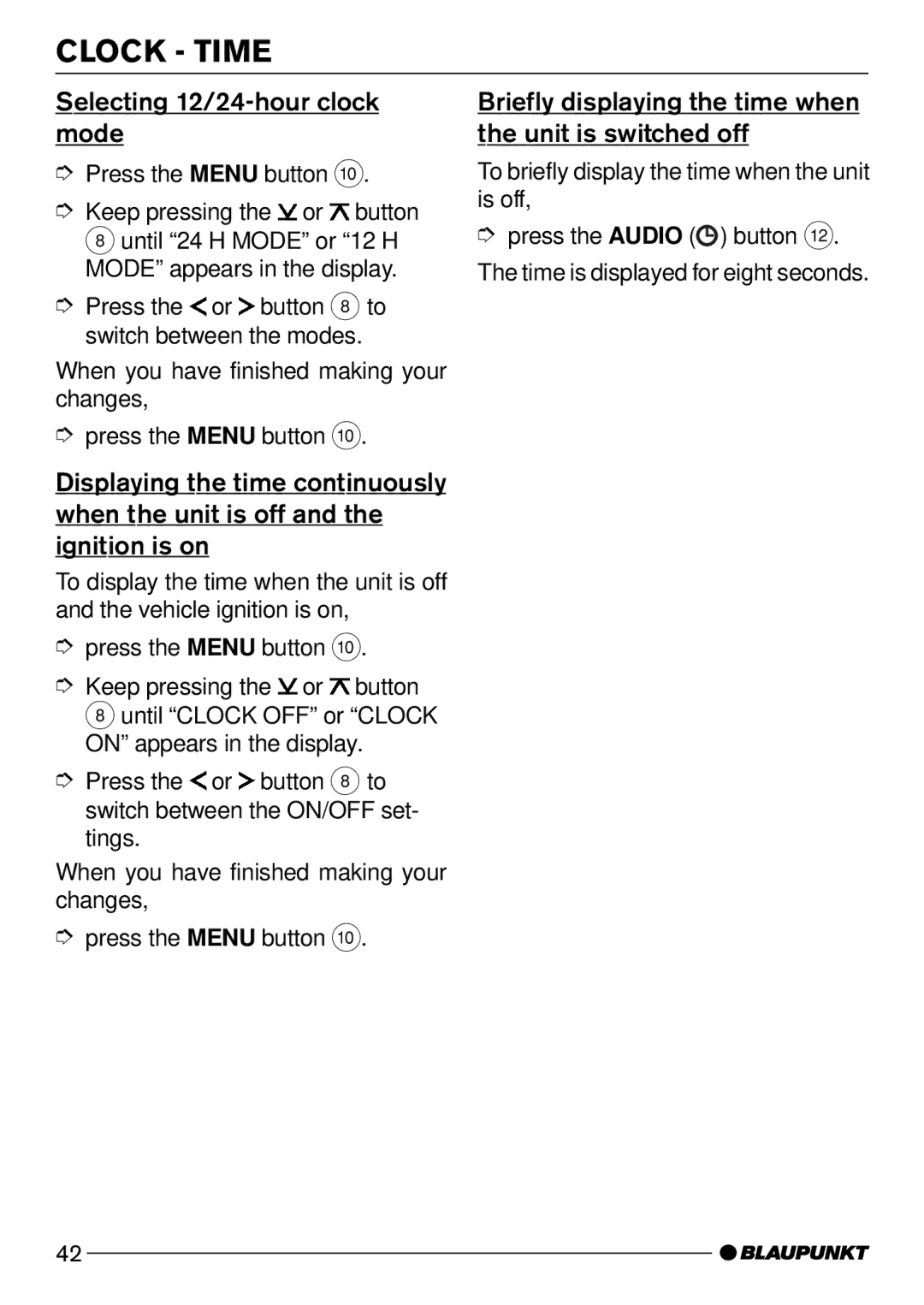 Blaupunkt DJ32, C32 Selecting 12/24-hour clock mode, Briefly displaying the time when the unit is switched off 