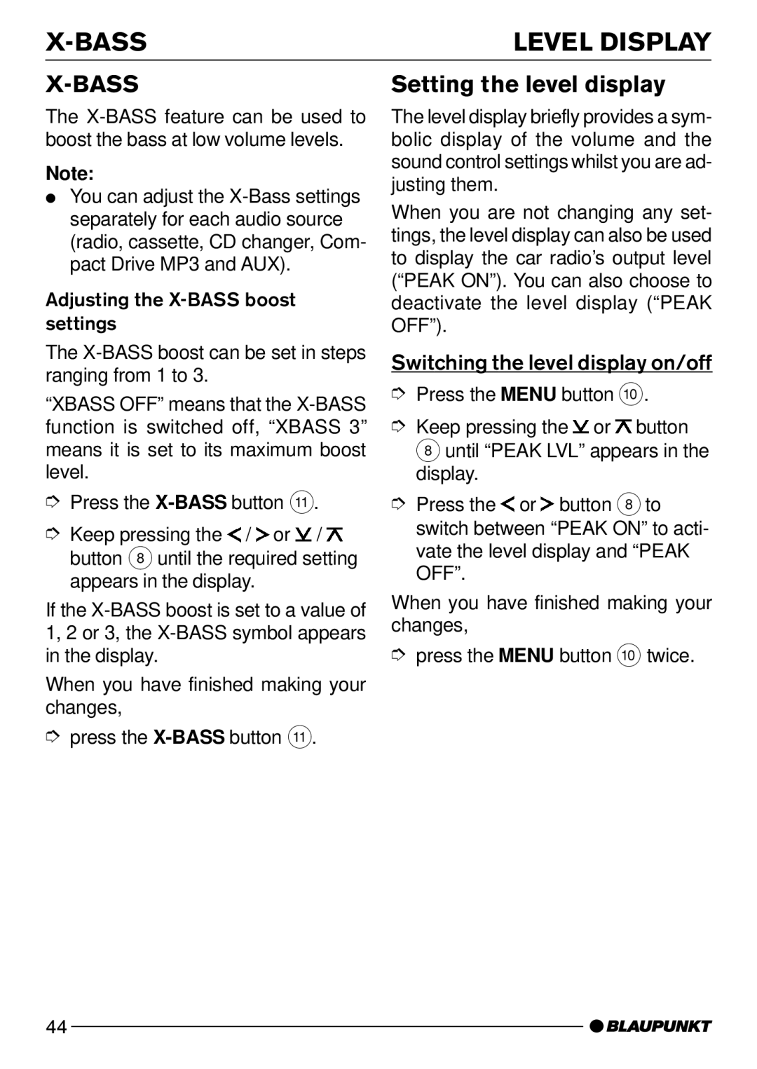 Blaupunkt DJ32, C32 operating instructions Bass, Setting the level display, Switching the level display on/off 