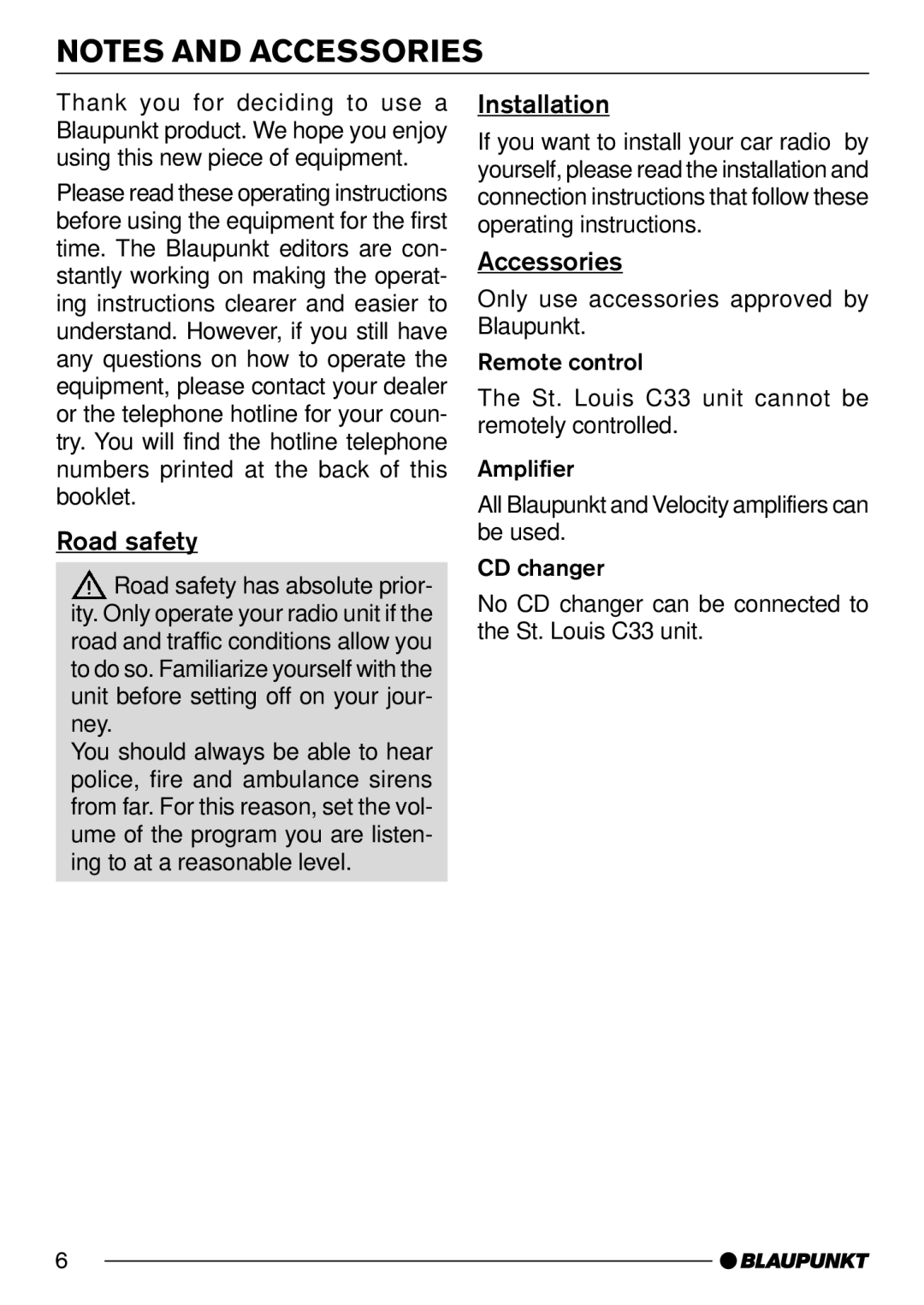 Blaupunkt C33, 7 642 183 110 operating instructions Road safety 