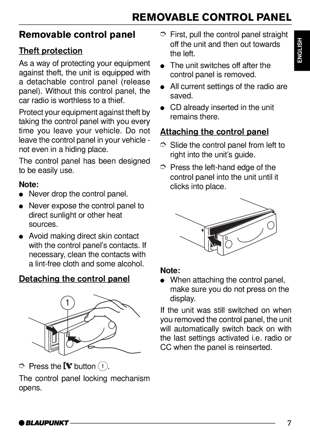 Blaupunkt 7 642 183 110, C33 operating instructions Removable Control Panel 