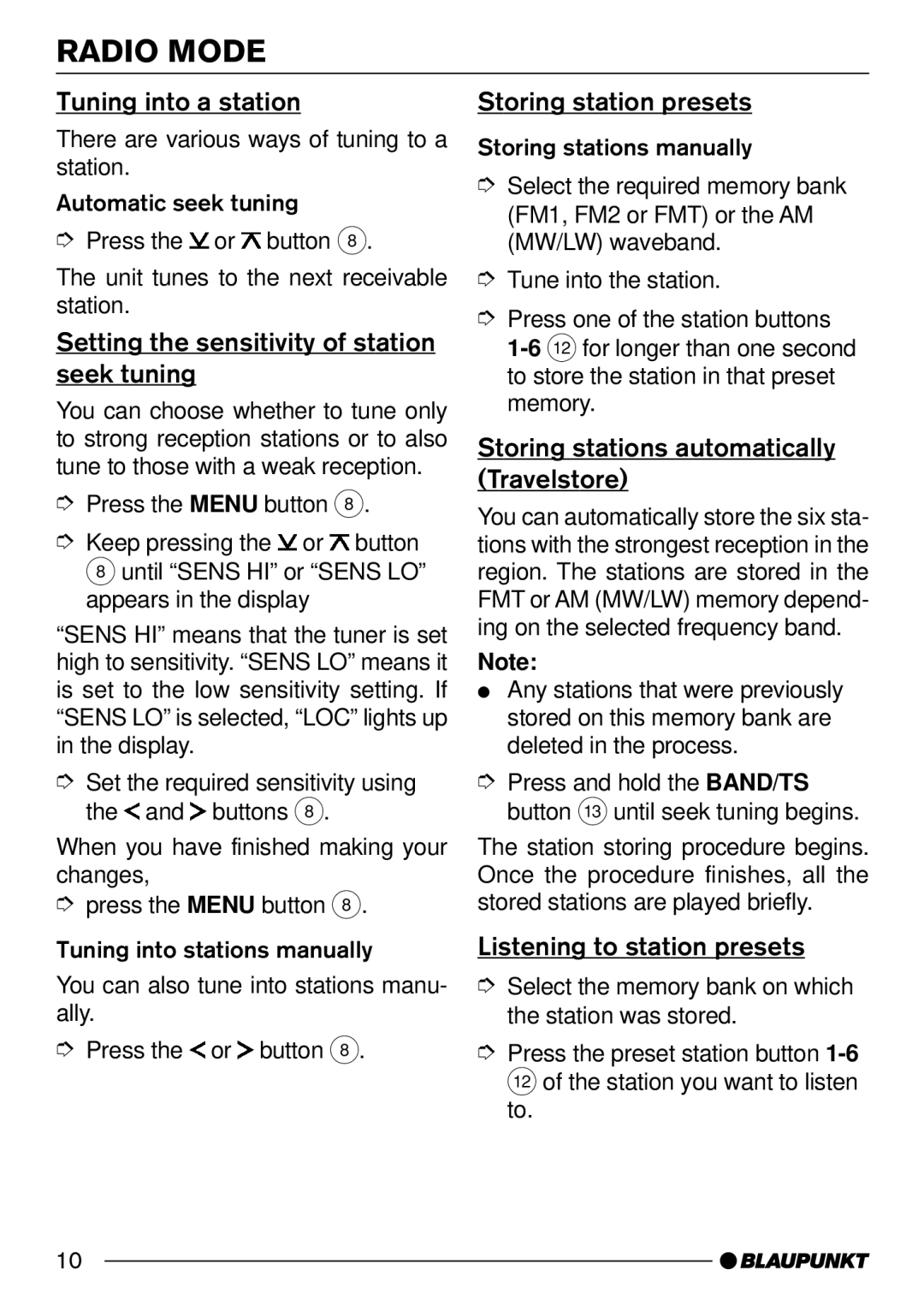 Blaupunkt C33, 7 642 183 110 operating instructions Tuning into a station Storing station presets 