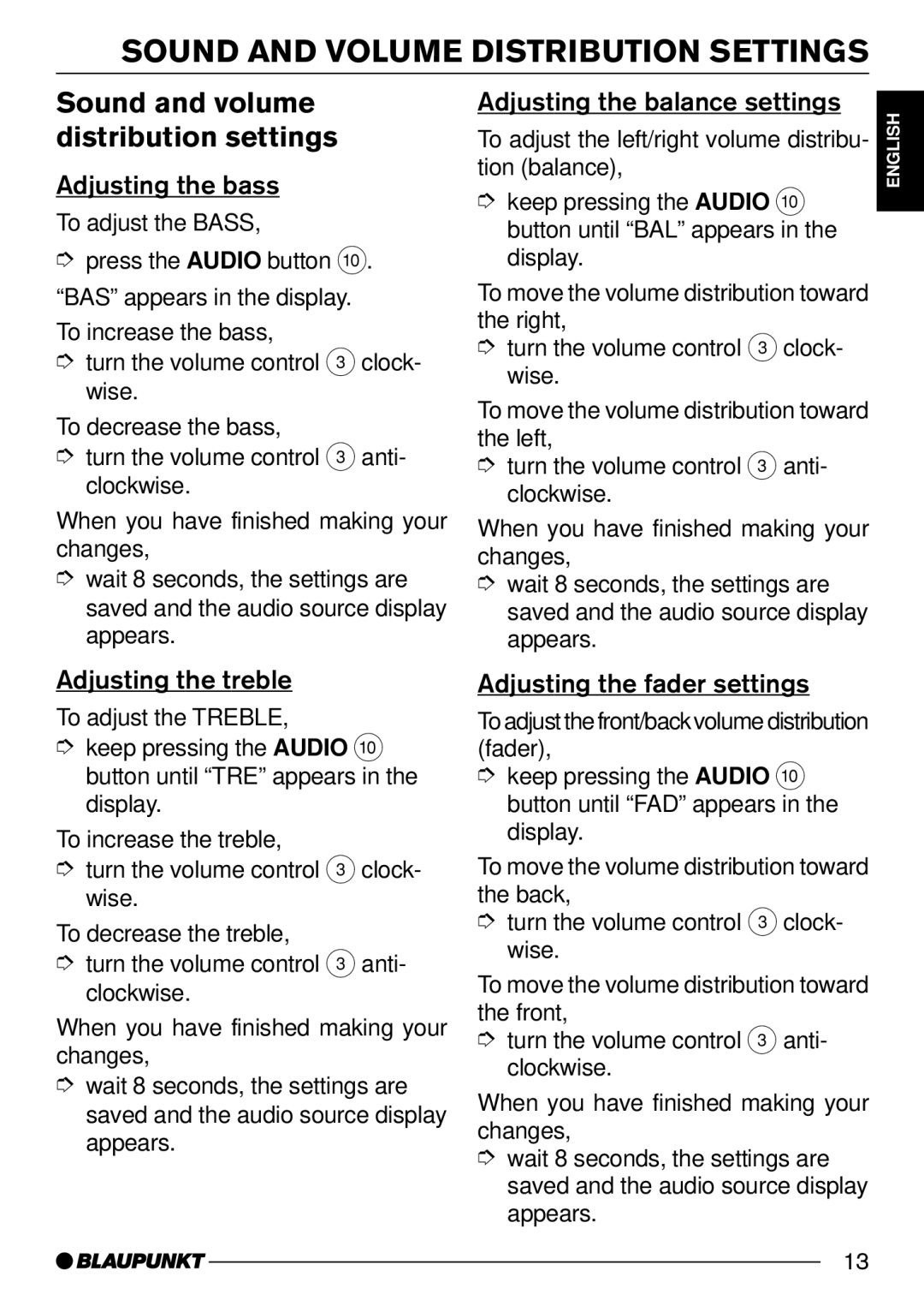 Blaupunkt 7 642 183 110, C33 operating instructions Sound and Volume Distribution Settings 