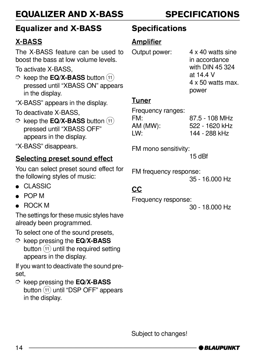 Blaupunkt C33, 7 642 183 110 operating instructions Equalizer and X-BASS Specifications 