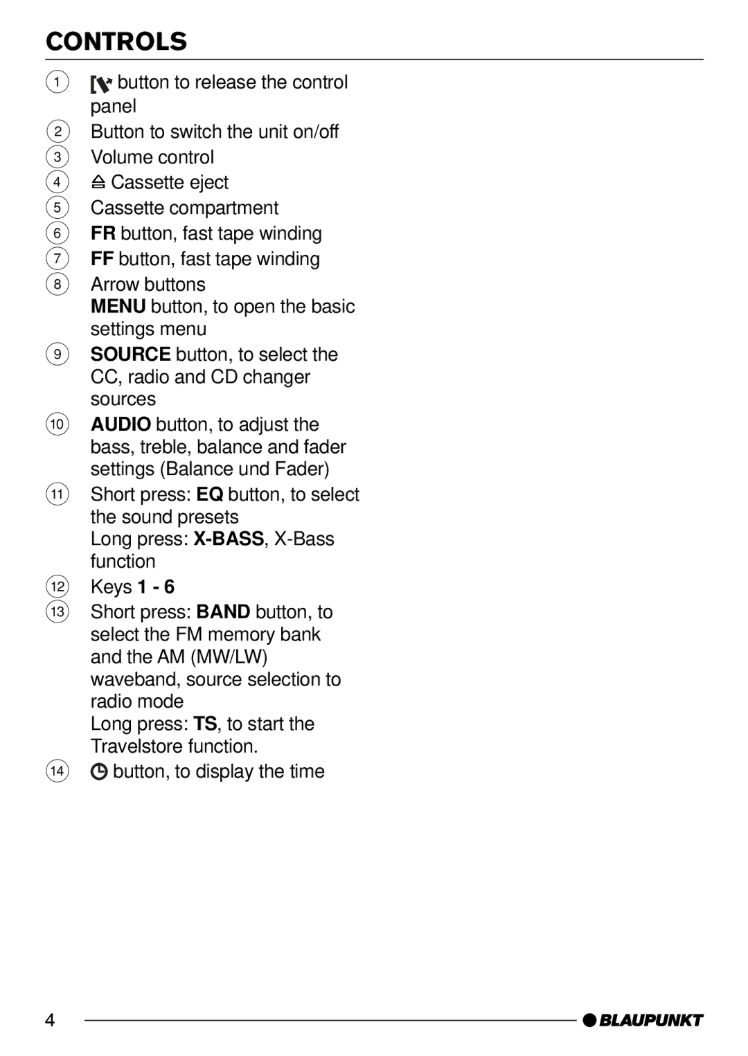 Blaupunkt C33, 7 642 183 110 operating instructions Controls 