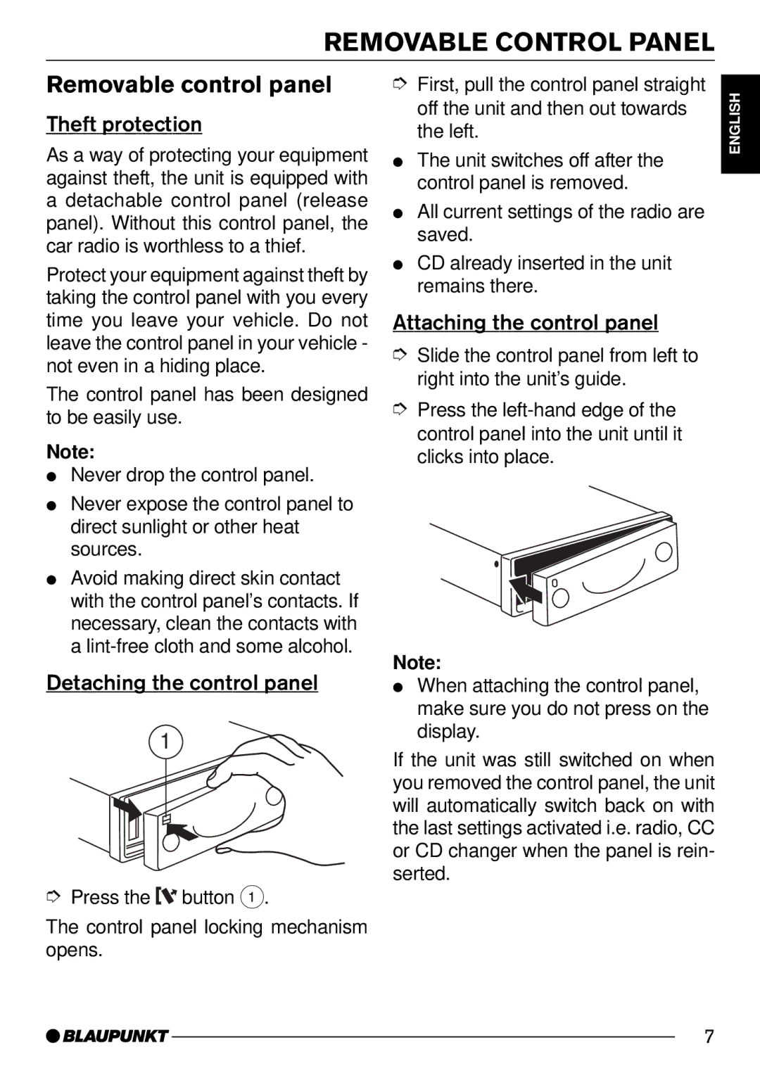 Blaupunkt 7 642 183 110 Removable Control Panel, Removable control panel, Theft protection, Attaching the control panel 