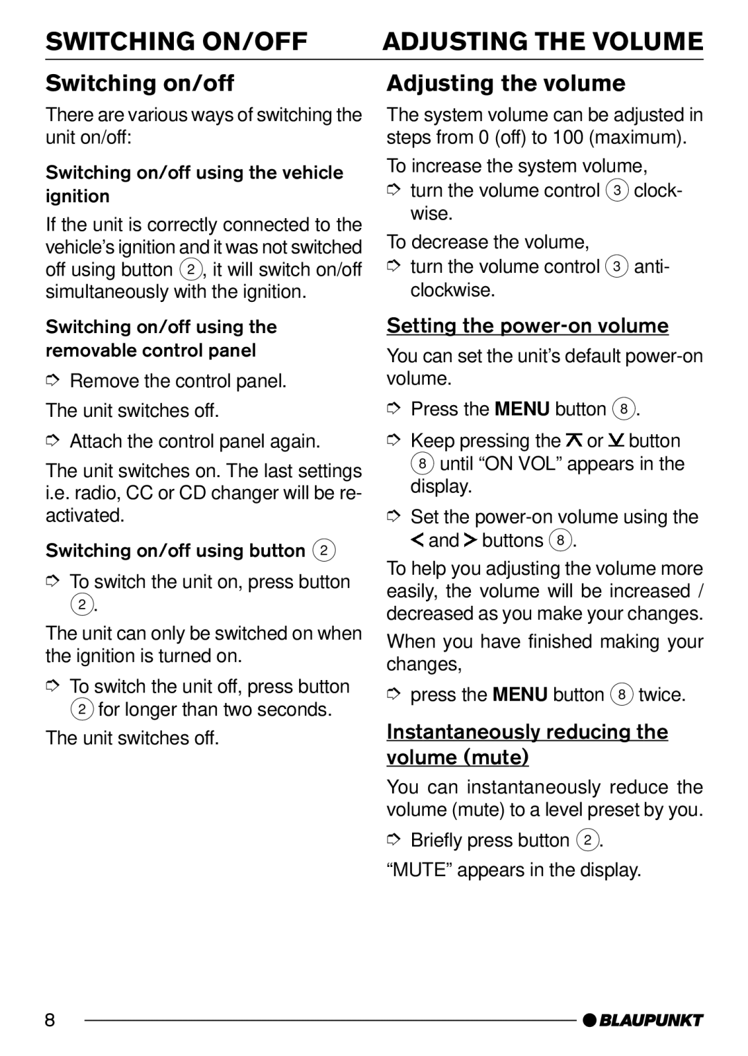 Blaupunkt C33, 7 642 183 110 Switching ON/OFF, Switching on/off, Adjusting the volume, Setting the power-on volume 