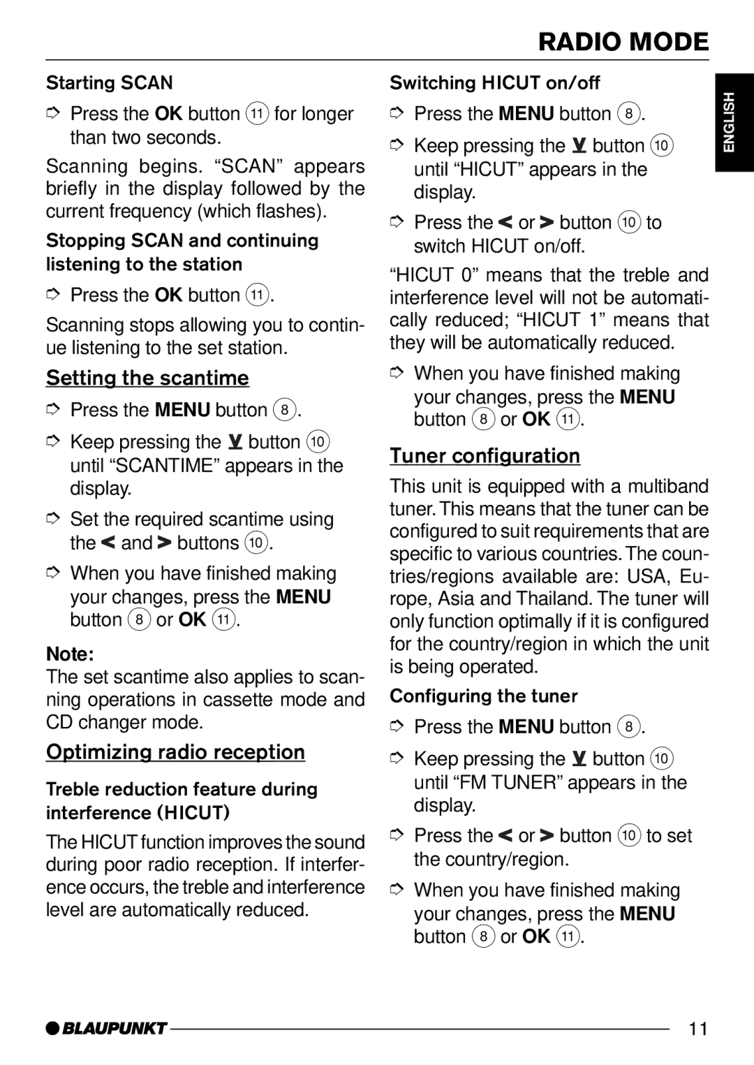 Blaupunkt C50 operating instructions Setting the scantime, Optimizing radio reception, Tuner configuration 