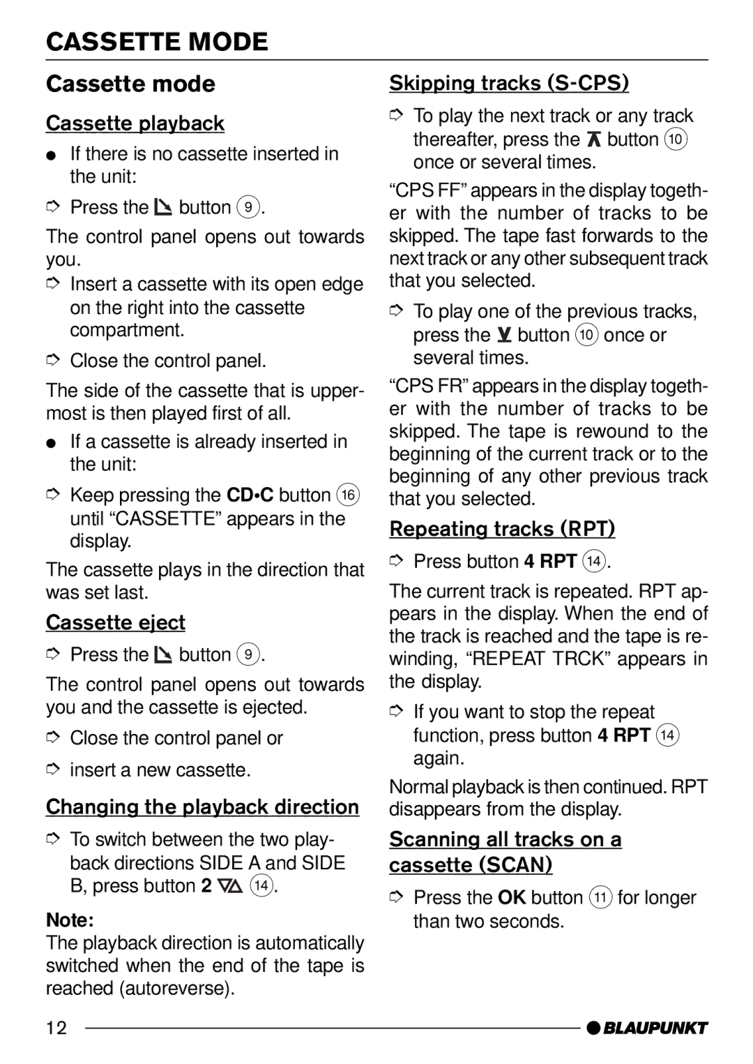 Blaupunkt C50 operating instructions Cassette Mode, Cassette mode 