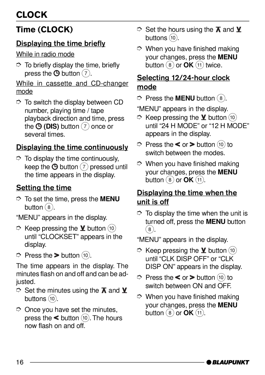 Blaupunkt C50 operating instructions Time Clock 