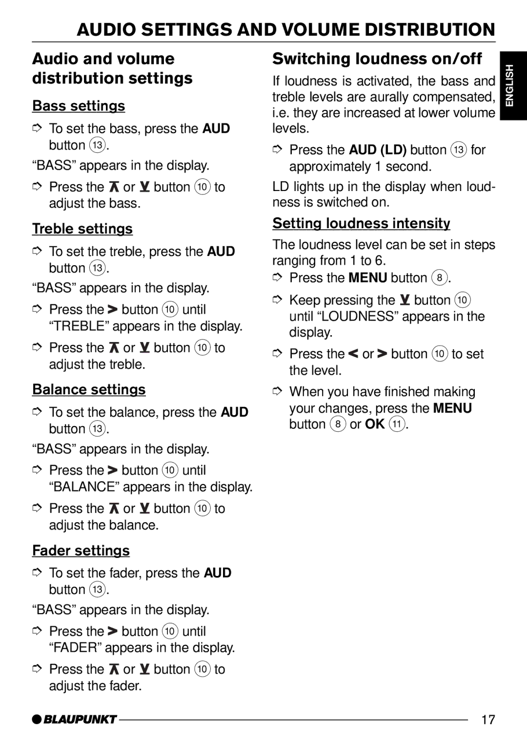 Blaupunkt C50 Audio Settings and Volume Distribution, Audio and volume distribution settings, Switching loudness on/off 