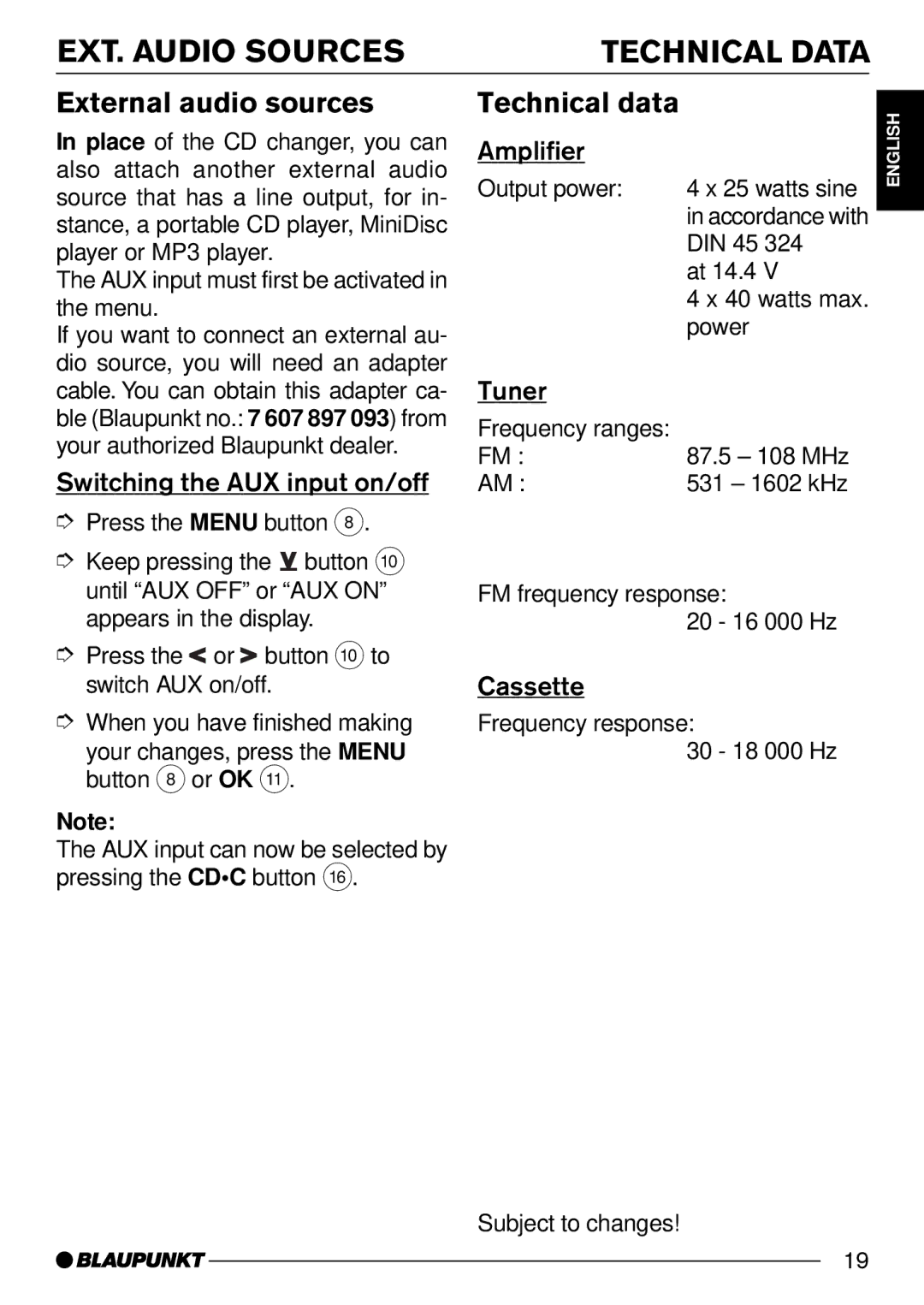 Blaupunkt C50 operating instructions EXT. Audio Sources, External audio sources, Technical data 