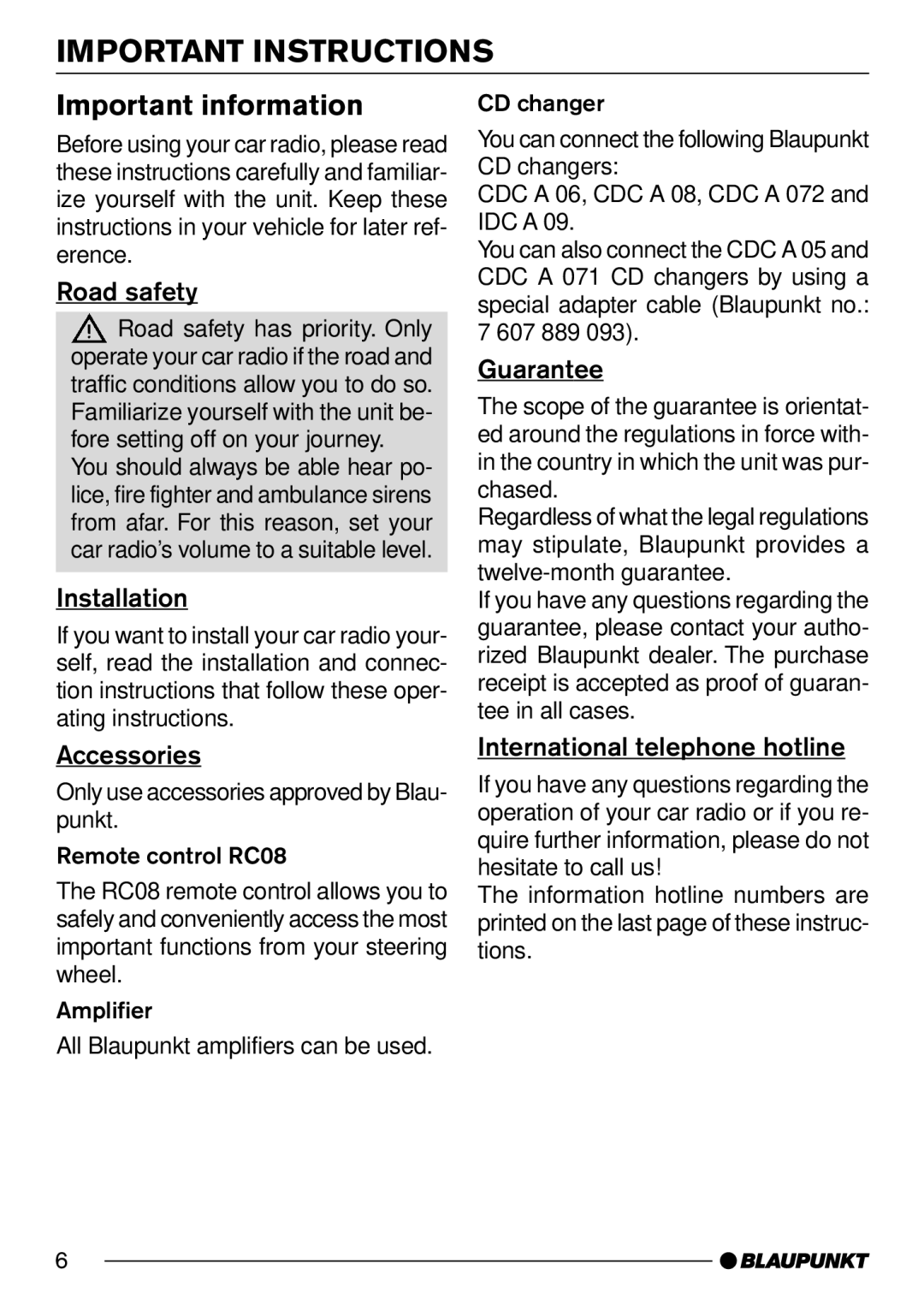 Blaupunkt C50 operating instructions Important Instructions, Important information 