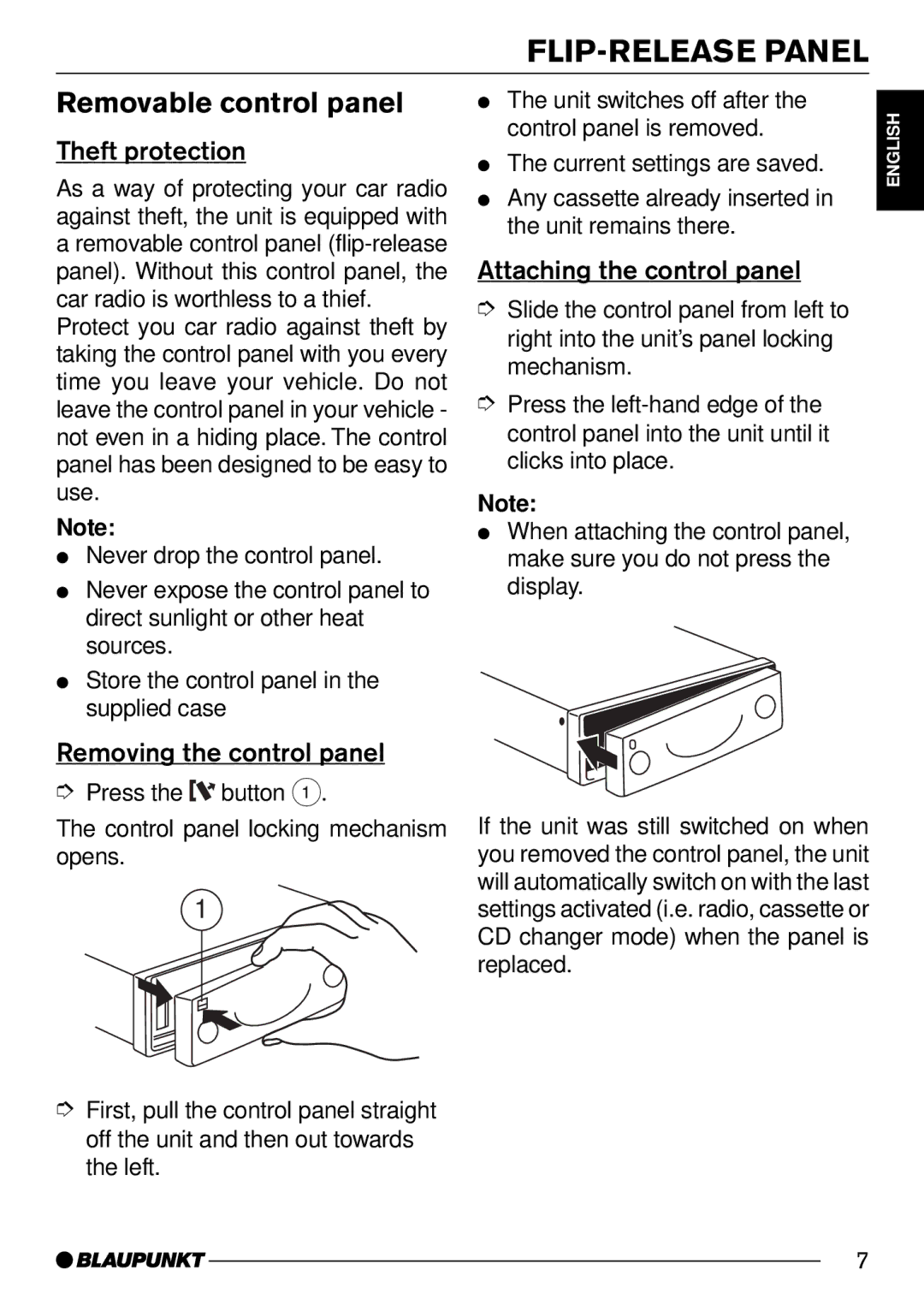 Blaupunkt C50 FLIP-RELEASE Panel, Removable control panel, Theft protection, Removing the control panel 