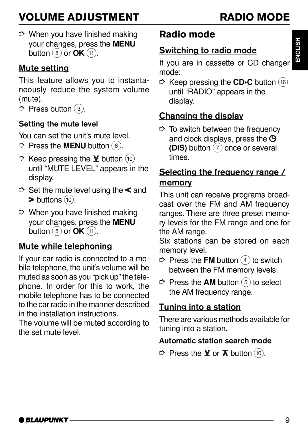 Blaupunkt C50 operating instructions Volume Adjustment Radio Mode, Radio mode 