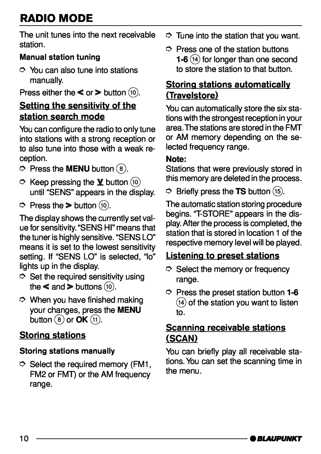 Blaupunkt C50 operating instructions Setting the sensitivity of the station search mode, Storing stations, Radio Mode 