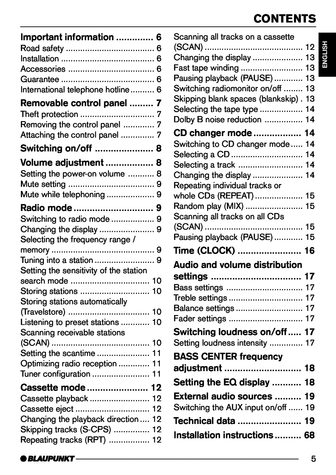 Blaupunkt C50 operating instructions Contents, BASS CENTER frequency 