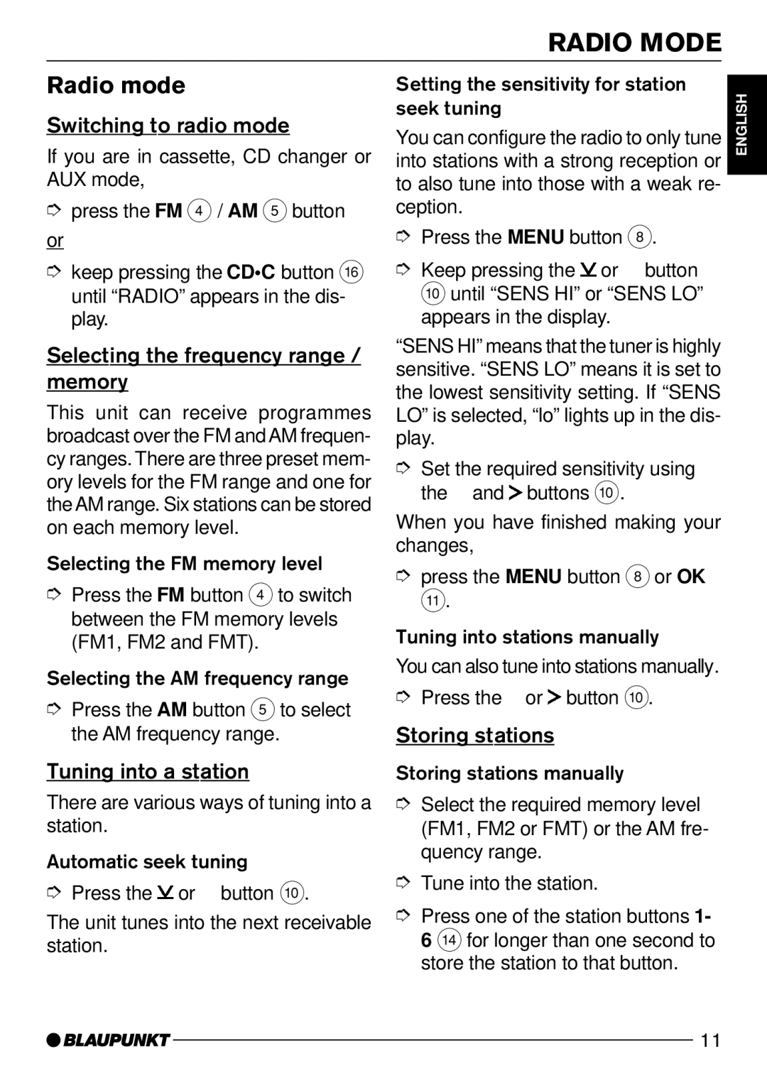 Blaupunkt C51 operating instructions Radio Mode, Radio mode 