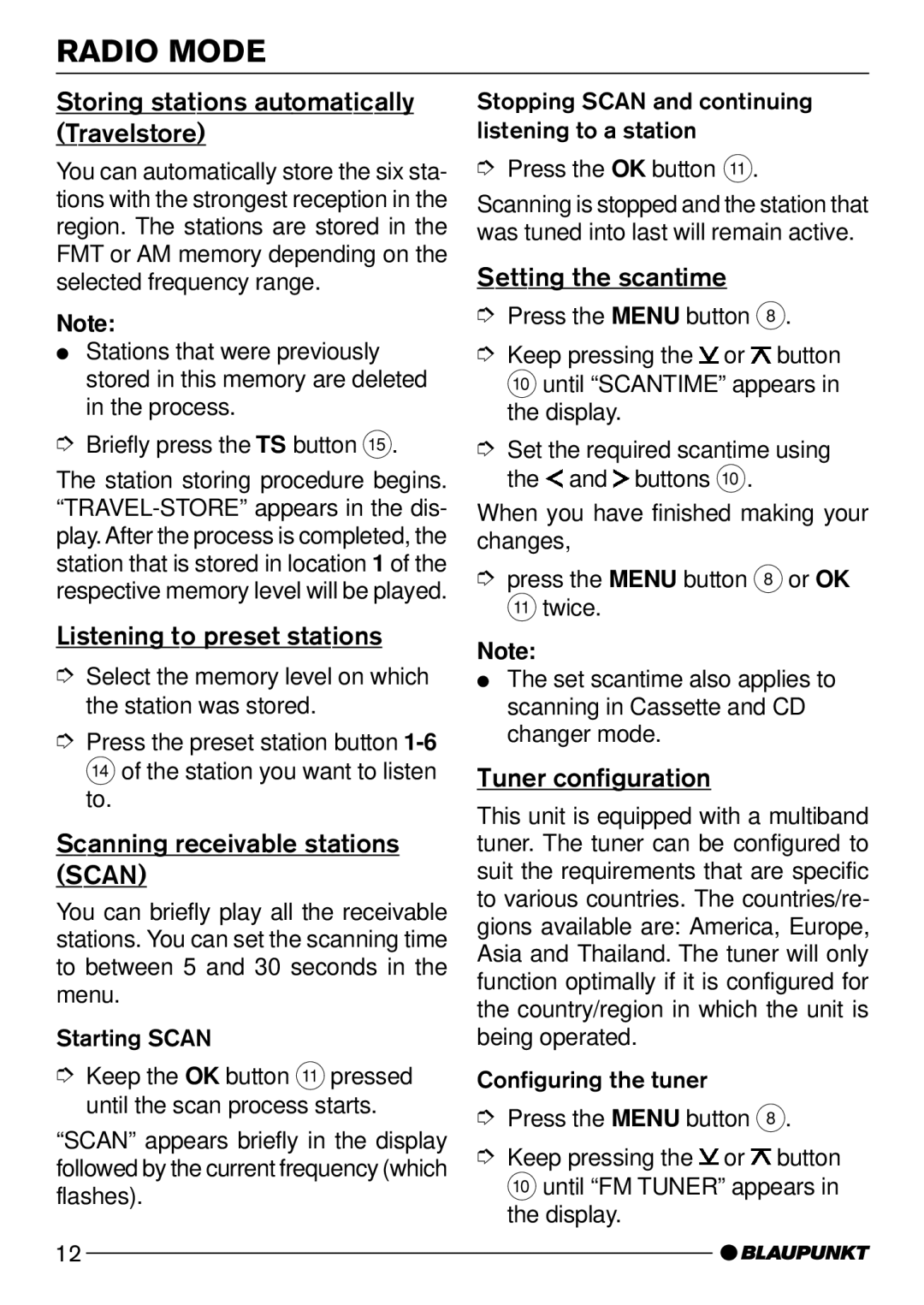 Blaupunkt C51 Storing stations automatically Travelstore, Listening to preset stations, Scanning receivable stations Scan 