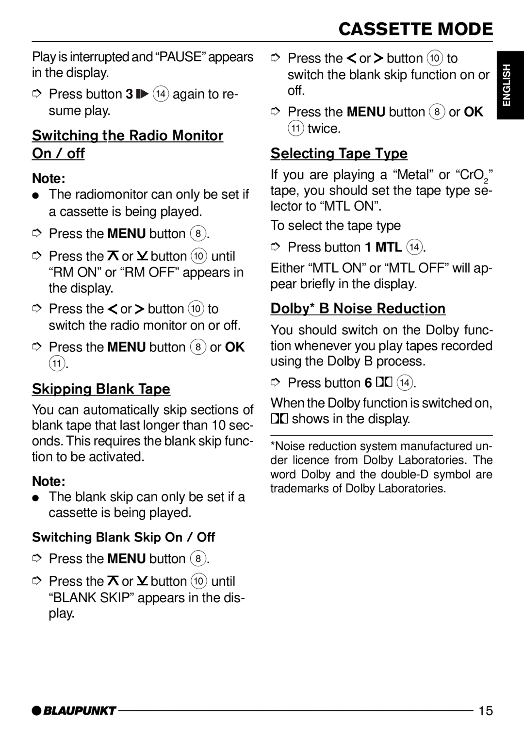 Blaupunkt C51 Switching the Radio Monitor On / off, Skipping Blank Tape, Selecting Tape Type, Dolby* B Noise Reduction 