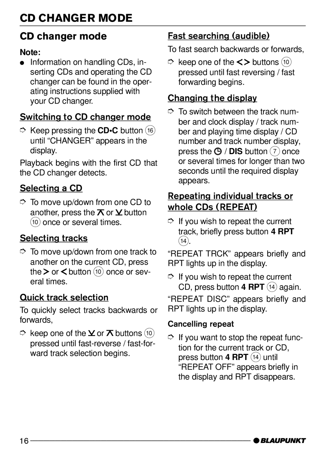 Blaupunkt C51 operating instructions CD Changer Mode, CD changer mode 