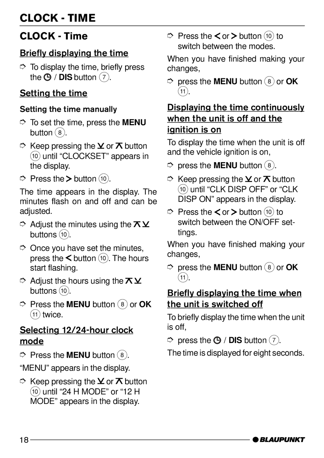 Blaupunkt C51 operating instructions Clock Time 